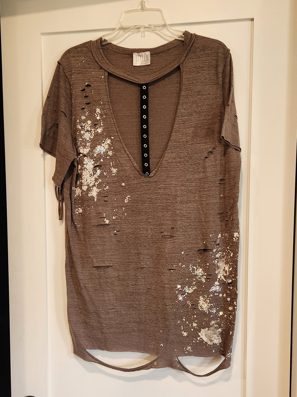 Stella Distressed Paint Splatter Cut Out Grommet Tee Top Brown